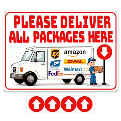 14 x 10 Inch Delivery Sign for Packages Rust-Free Aluminum Metal Sign with Directional Arrow Stickers for House Porch Yard Outdoor and Delivery Box