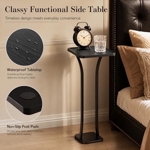 Image of Small Square Side Table, Drink Table with Weighted Base, Solid Wood & Metal Accent Table for Small Spaces, Pedestal End Table for Living Room, Bedroom, Office, Black
