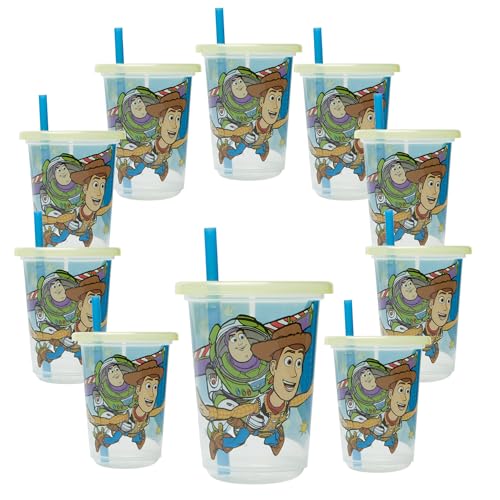 The First Years Take & Toss Toy Story Straw Cups - Spill-Proof Kids Cups with Snap-On Lids and Straws - Portable and Dishwasher Safe - 10 Oz - 10 Count - Ages 18 Months and Up
