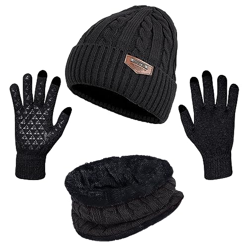 Image of Loritta Winter Hats for Men, 3 PCS Fleece Beanie Scarf Gloves Set
