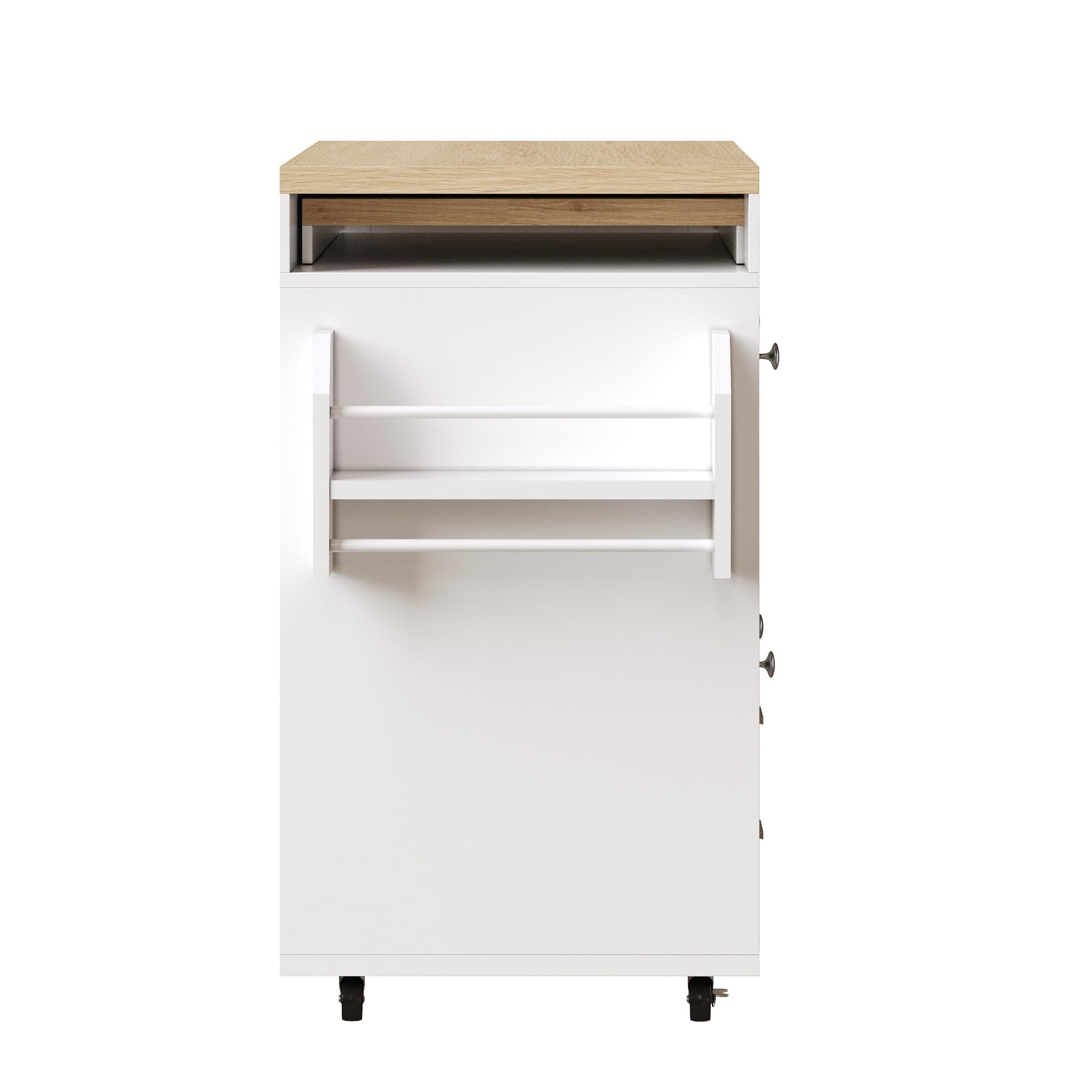 Mesa de bar extensible con organizador giratorio de 360°, estantes ajustables, ruedas y toallero, ideal para espacios pequeños, color blanco