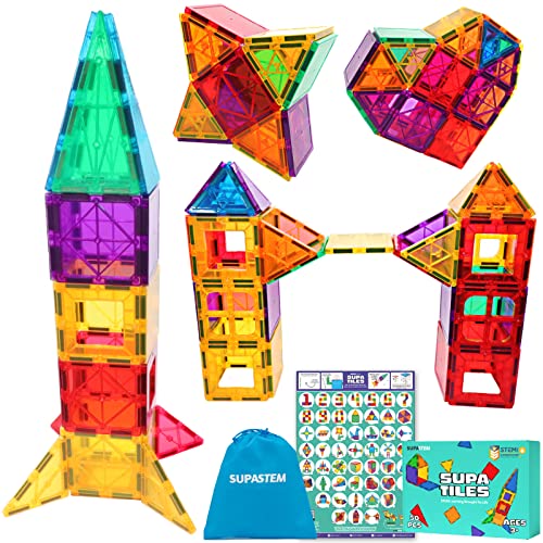 Supa Stem Magnetic Tiles Set - Magnetic Building Blocks For Kids With Poster, Dry-Wipe Tiles & Storage Bag - Magnet Tiles For Toddlers Ages 3 4 5 6 7 8 + - Ideal Sensory Magnetic Toys For Girls & Boys #TOP1