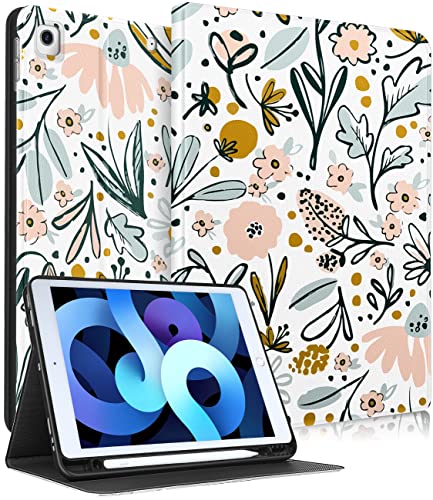 Pegmode for iPad 9th/8th/7th Generation Case Women Girls Cute Folio Cover Girly Flower Pretty Floral Unique White Design With Pencil Holder Smart Cover for Apple iPad 9/8/7 Gen Cases A2602 A2270 A2197