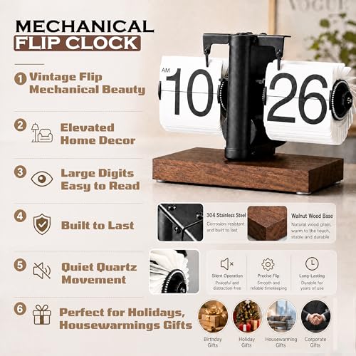 FOSA Flip Desk Clock, Retro Vintage Mechanical Flip Clock with Large Numbers, Silent Desk Table Clock with Wood Base for Home Office Desk Decor Living Room Study Room (Black) by FOSA - Image 2