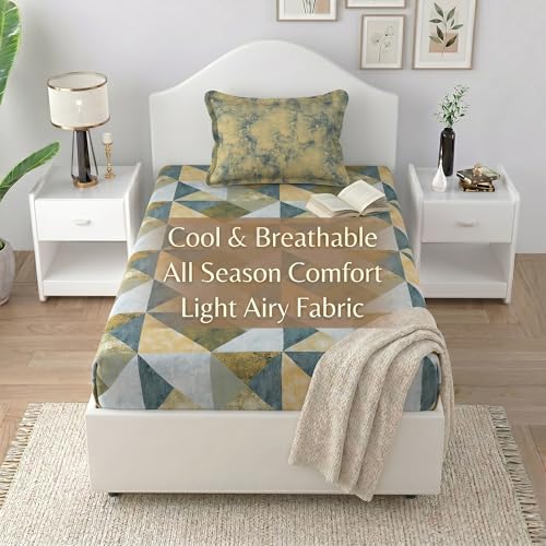 Image of Mafatlal 186 TC Autumn Delight Graceful Pure Cotton Single Flatsheet (60 x 90 Inch) | Breathable Summer Comfort | Wrinkle-Free Floral Bedsheet with 1 Pillow Cover, Fresh Green