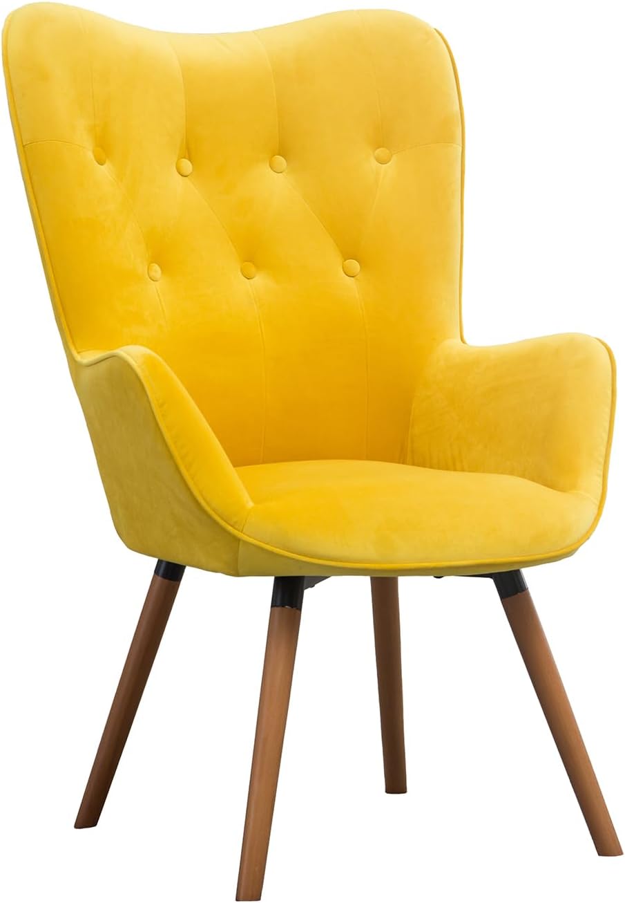 Contemporary Silky Velvet Tufted Button Back Accent Chair, Yellow Lounge Chair Living Room Furniture Casual Chairs