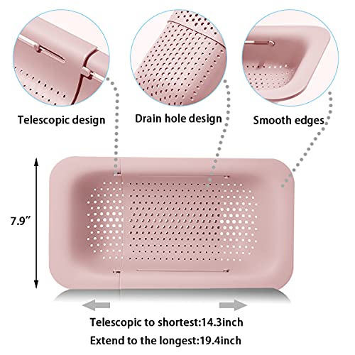Image of Sink Colanders and Strainers Basket Retractable Plastic Fruit Vegetable Strainer Drainer Basket for Kitchen (Length 14.3 inch-19.4 inch) (Pink)