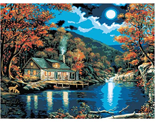 Kit point de croix imprimé faon au bord de la rivière pour débutant broderie 40x50cm avec outils
