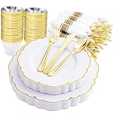 Morejoy 175PCS Gold Plastic Plates，White Gold Disposable Plates with Pre Rolled Napkins:25 Dinner Plates,25 Dessert Plates,25 Spoons,25 Forks,25Knives,25Cups,25Napkins for Party & Thanksgiving
