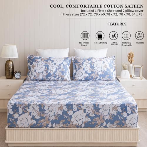 Image of HOMEMONDE 210 TC Cotton Fitted Bedsheet for King Size Bed 84 x 78 Inch, Blossom Haze Design, 2 Matching Pillow Covers & Premium Gift Box Included