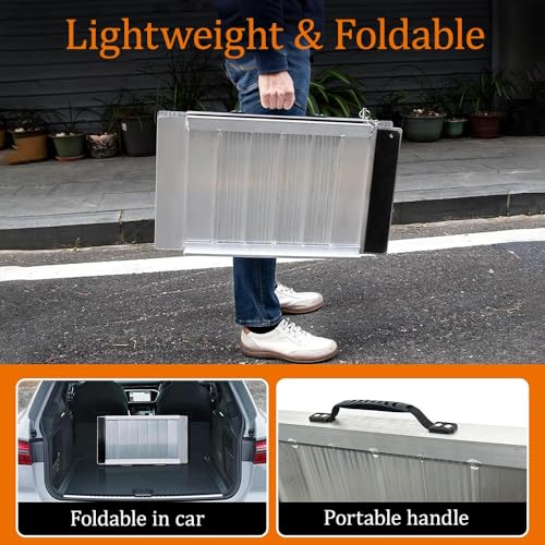 Rampa plegable de aluminio para silla de ruedas | Capacidad de 280 kg | Portátil para escalones, escaleras, puertas | Antideslizante con pegatinas de alta visibilidad