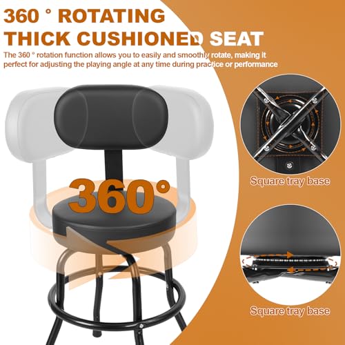 Image of 360 Degree Swivel Guitar Stool with Backrest & Footrest - Padded Cushion, Heavy Duty Iron Frame, Non-Slip Base for Acoustic Electric Bass Practice, Home Studio Stage (Black-d)