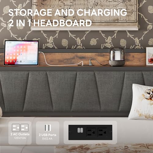 Image of LIKIMIO Twin Daybed, Day Bed Frame with Pop Up Trundle, Grey /Brown | Pop Up Trundle Bed, Storage Upholstered Headboard, Charging Station, Strong Supports for Living Room, Bedroom and Guest Room