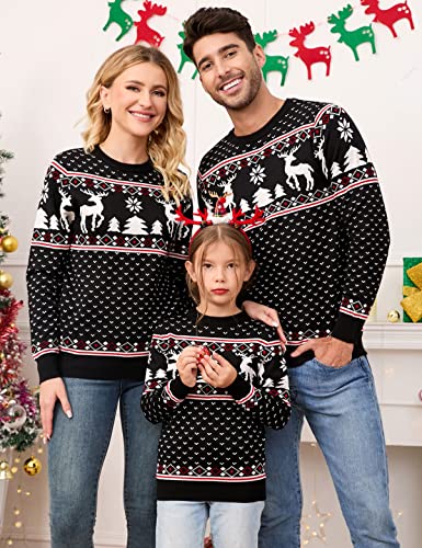 Image of MISSKY Family Christmas Sweater Crew Neck Reindeer Snowflakes Knitted Pullover for Women /Men /Kids