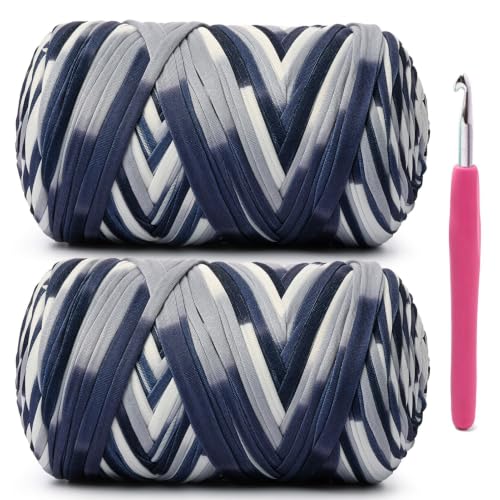 Image of 2 Pack Soft Tshirt Crochet Yarn, 800g /228yds High Elastic Hand Knitting Yarns, Thick T Shirt Yarn for Crocheting Bags, Baskets, Cushions, DIY Crafts(2 Black White-Grey)