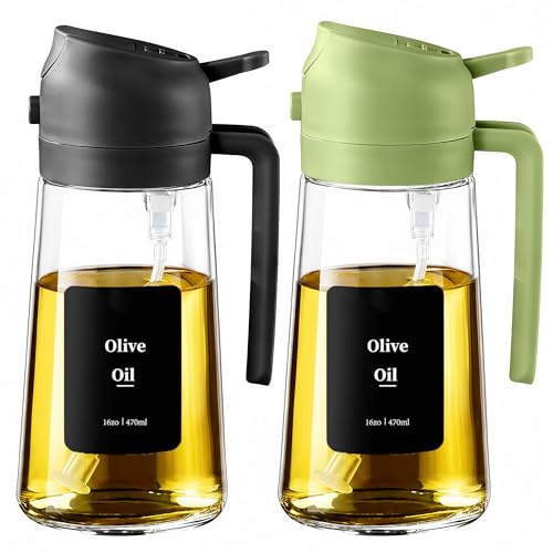 Daitore Ölsprüher für Speiseöl, 470ml Öl Sprühflasche Glas, 2-in-1 lichtdichter Ölspender und Ölsprüher für Küche, Heißluftfritteuse, Kochen, Grillen und Salat, 2 Stück