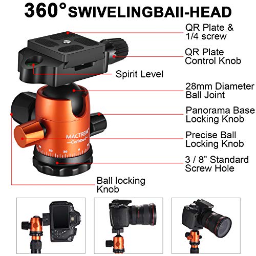 MACTREM Professional Camera Tripod with Phone Mount, 62" DSLR Tripod for Travel, Super Lightweight and Reliable Stability, Ball Head Tripod Detachable Monopod with Carry Bag (Orange) - Thumbnail 7