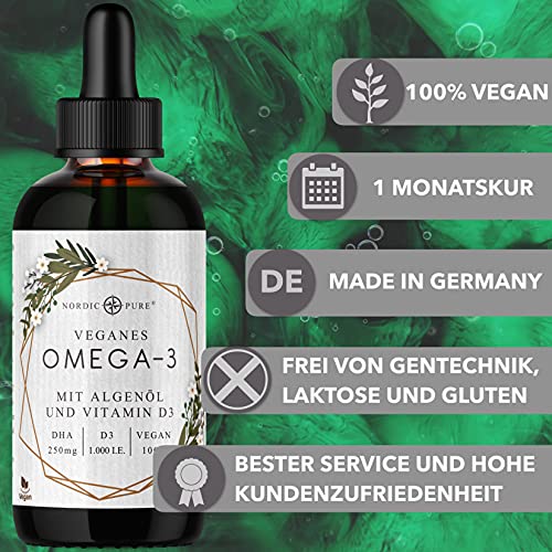 Veganes Omega 3 Algenöl Präparat | DHA aus der Mikroalge Schizochytrium sp. | Mit Vitamin D3 | Auf Basis von Hanfsamenöl | Hoher Anteil an Alpha-Linolsäure und Alpha Linolensäure, 100 ml – Bild 3