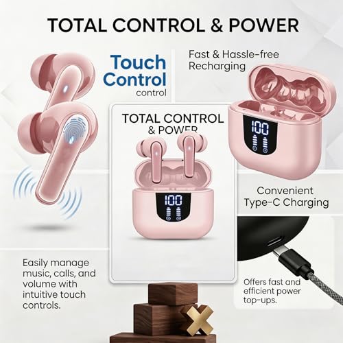 Image of Nyxo K06 Wireless Warbuds Woise Cancellation with LED Power Display, Type-C Fast Charging, 50ms Low Latency, Lightweight BT V5.4, 3D Spatial Audio, 10mm Rich Bass DriversClear Calls (Pink)