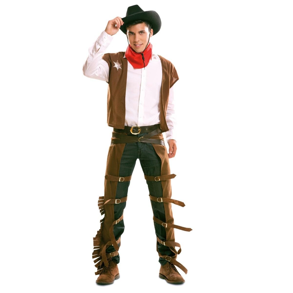 My Other Me - Men's Classic Cowboy Costume. Includes dark brown fringed scarves and straps with buckles, matching vest, red scarf and belt. Conquer the Wild West.