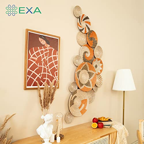 Exa Set Of 15 Seagrass Hanging Wall Basket Decor Orange Lily Decorative Boho Rustic Wall Art - Flat Round Rattan Wall Decor Handmade Wicker Woven Basket Wall Decor With African Design Large Wall Decor #TOP5
