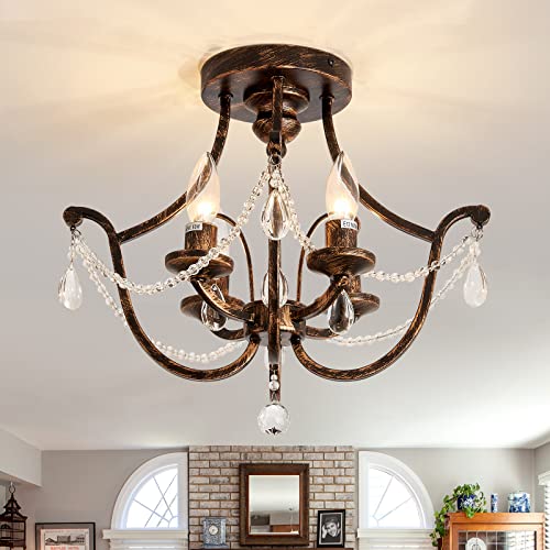 UOFUS Vintage Semi Flush Mount Crystal Chandelier Oil Rubbed Bronze 4-Light Small Metal Ceiling...
