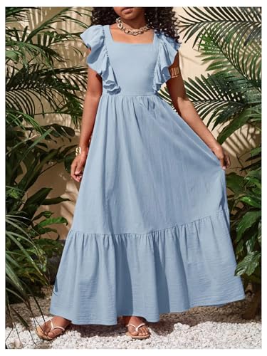 SHENHE Girl's Summer Tie Back Bow Flutter Sleeve Square Neck Ruffle Hem Swing Maxi Dress3