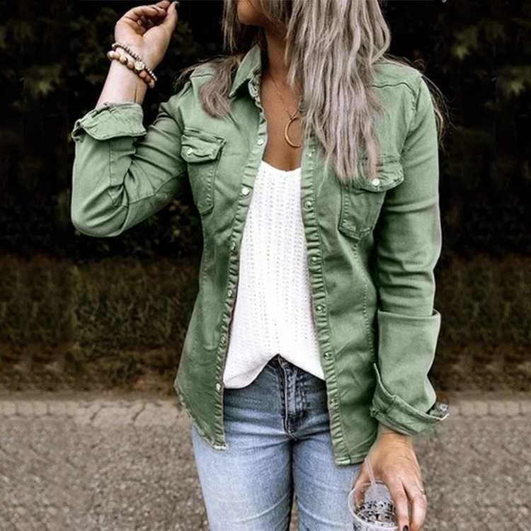 Women Button Down Denim Shirt Chambray Snap Buttons Lightweight Utility Anorak Military Jacket Coat 20252