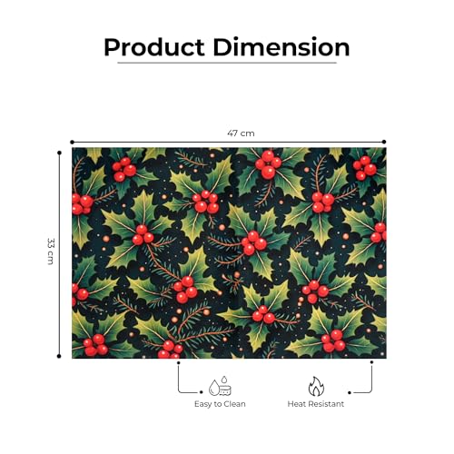 Image of Dining Table Mats Set of 4 - Cherry Christmas Leaves Theme,Digital Print, Washable, Indoor /Outdoor, Heat-Proof, Wipe & Clean (47X33 cm) Red & Green