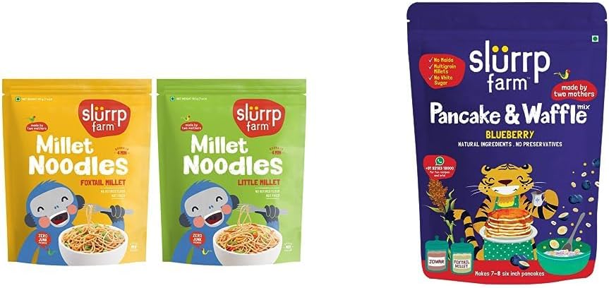 No Maida Millet Noodles | Pack of 2-192g Each & Slurrp Farm No Maida Pancake Mix| With Real Blueberries- 150g