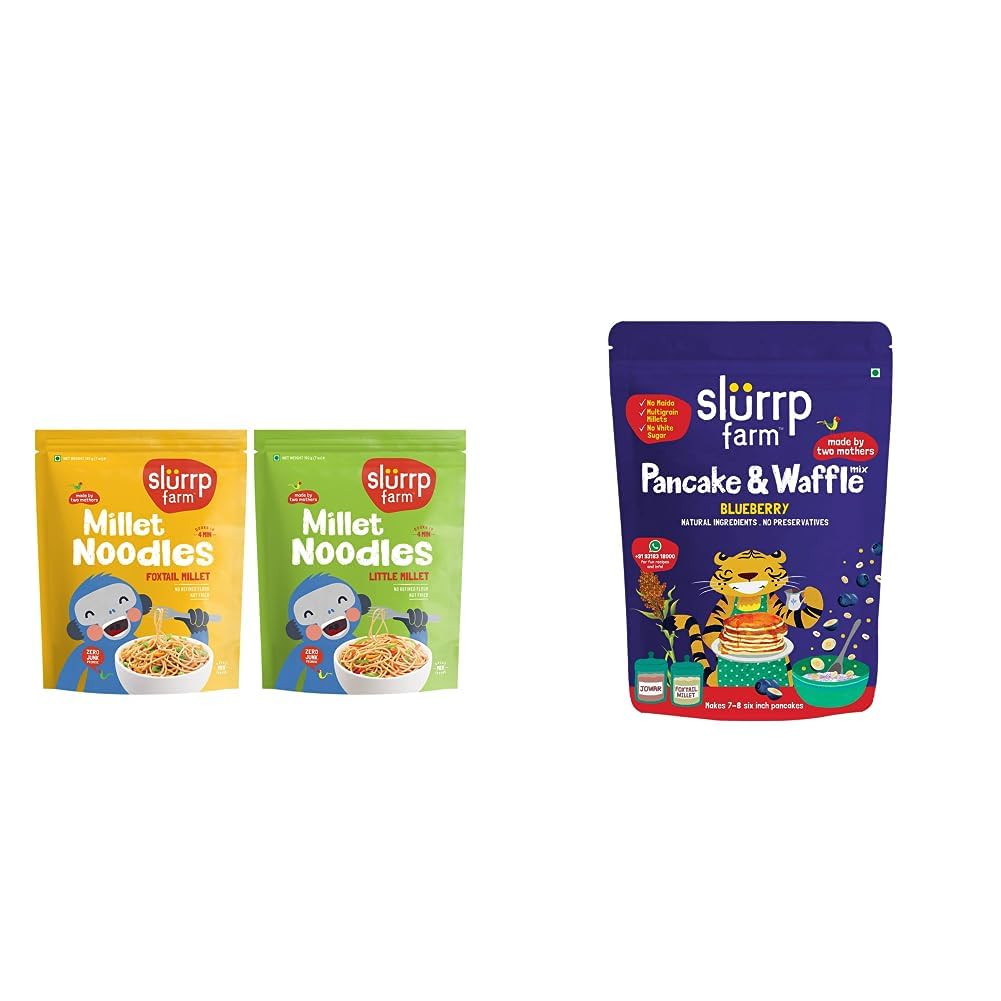 Slurrp Farm No Maida Millet Noodles | Pack of 2-192g Each & Slurrp Farm No Maida Pancake Mix| With Real Blueberries- 150g