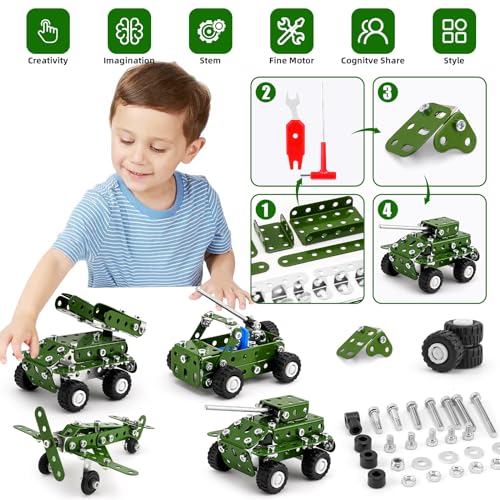 BESTYMXY Model Building Kits, Metal Military Toys Model Kit, 4 in1 Erector Sets for Boys Age 8-12, Military Vehicles & Aircraft STEM Building Toys Metal Model