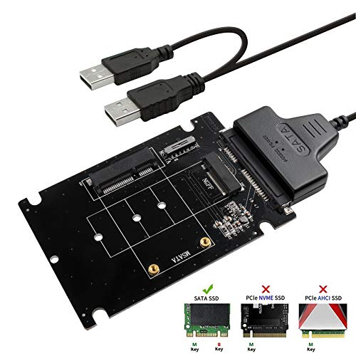QNINE M.2 or MSATA to USB or SATA 3.0 Adapter, 2 in 1 Converter Reader Card with Cable, Support Mini SATA or Ngff B Key SSD