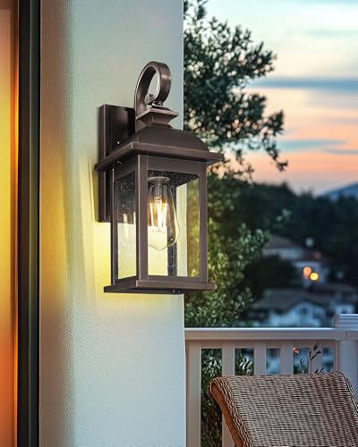 Image of FEMILA 2-Pack Outdoor Wall Sconce Lights Oil Rubbed Bronze, 15 inch Exterior Outdoor Light Fixtures Wall Mount with Seeded Glass, for Front Porch Patio Garage, 4FD54B-2PK ORB
