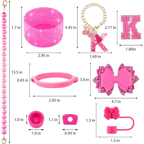 Hpebl 9PCS Hot Pink for Stanley Cup Accessories Set Bling Initials Bow Charms for Stanley Decorations 30/40 Oz Tumbler Accessories Including Bow Straw Topper, Handle Strap, Spill Stopper(Letter K) - image 3