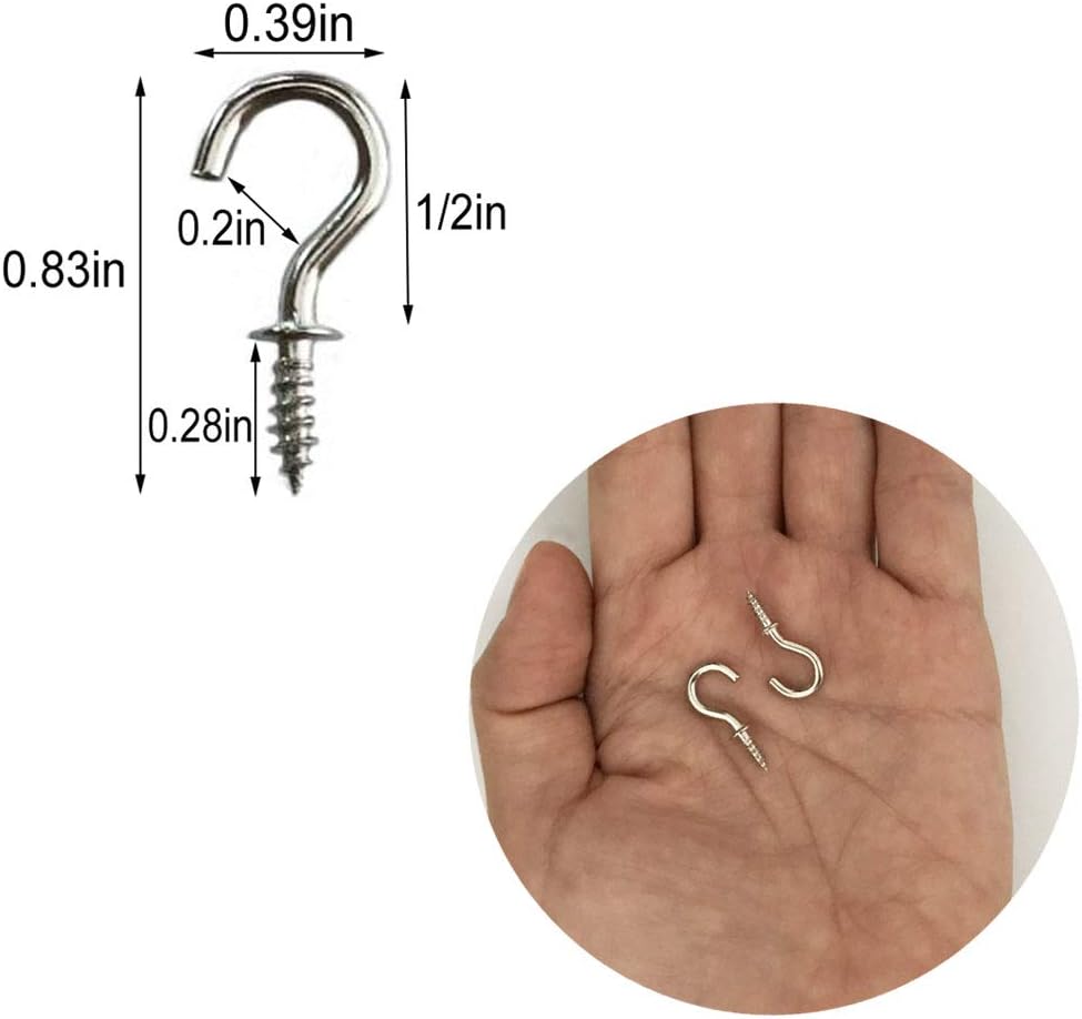 IDEALSV 1/2'' Small Ceiling Hooks Screw-in Cup Hooks 1/2 Inch Screw Light Hooks DIY Jewelry Hooks Silver (80Pack)
