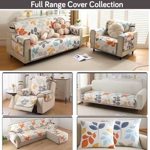Image of HOKIPO 'HomeHues Series' Printed Quilted Sofa Cover Mat for 2 Seater Sofa, Multicolor Leaves (IN-807-D2*1)