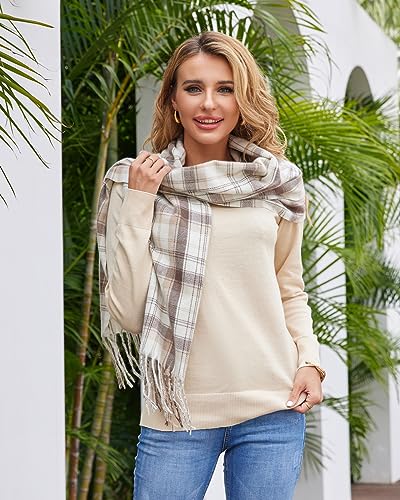 Fuinloth Women's Large Plaid Scarf Fashion Long Shawl Wrap for Winter Warm Lightweight Khaki - Thumbnail 5