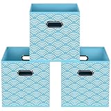 Yunkeeper Fabric storage bins Cubes, Fabric Cube Organizer with Handle, Foldable Cube Bins for Cloth or Accessary Storage, 11x11x11, Set of 3, (Blue clouds)