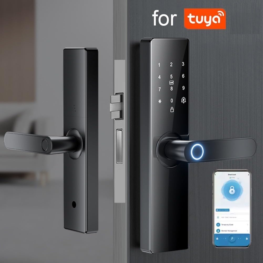Cerradura de puerta inteligente con mango para control de aplicación TUYA, entrada sin llave 5 en 1 a través de tarjeta IC/código/aplicación, sensor de 360°, verificación dual, para