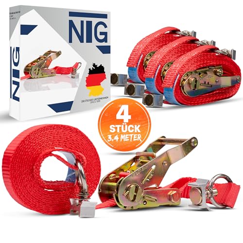 4 Stück | Zurrgurt | Spanngurte | Zweiteilig mit Ratsche | für Airlineschiene | mit Endbeschlag | 2 teilig | Länge 3400 mm | 1500 daN | DIN EN 12195-2