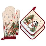 Arquiel Guante De Horno Agarraderas Navidad 4PCS, Muñeco Nieve Ciervo Navideño Algodón Guante De Cocina Resistente Al Calo Grueso Seguro para Cocinar, Hacer Barbacoas Microondas Regalo