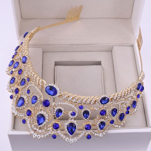 Couronne de mariée baroque dorée en strass bleus d'exception - 2