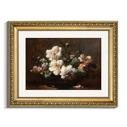 VIYYIEA Gold Framed Floral Wall Art, Living Room Bedroom White Rose Pictures, Cottage Farmhouse Retro Decor, Canvas Prints, Antique Picture Frame Vintage Paintings,11x14 Inch