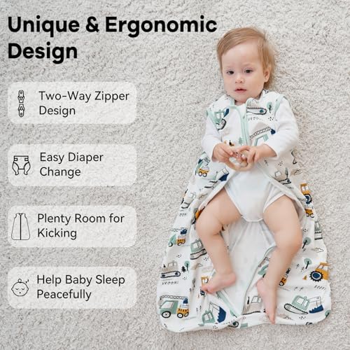 Image of Baby Sleep Sack 12-18 Months 0.5 Tog Wearable Blanket Baby, 3 Pack 100% Cotton Lightweight Sleeping Sack with 2-Way Zipper for Infant Toddler Excavator