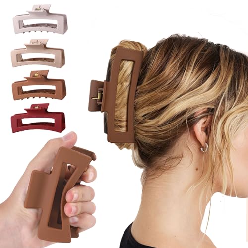 ETANEAR 4Pcs 5" Jumbo Claw Clips for Women, Non-Slip Strong Hold Large Hair Claw, Durable Shatterproof Matte Hair Clip for Thick Curly Fine Hair, All-Day Scalp-Friendly Comfort, 4 Colors Gift Box Set