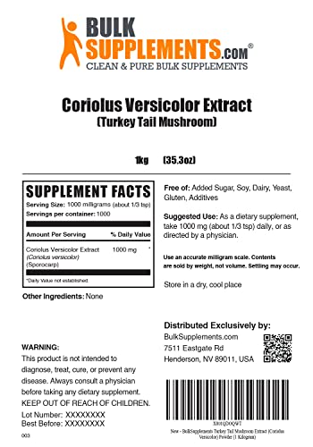 Bulksupplements.com Turkey Tail Mushroom Extract Powder - Herbal Supplement, Coriolus Versicolor Extract - Gluten Free, No Filler - 1000Mg Per Serving, Pack Of 5 (5 Kilograms 11 Lbs) #TOP1