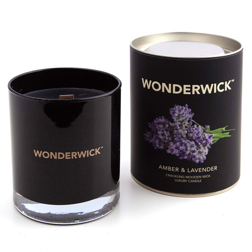 Wonderwick Noir Glass Candle - Amber and Lavender Scented, Up to 45 Hours Burn Time