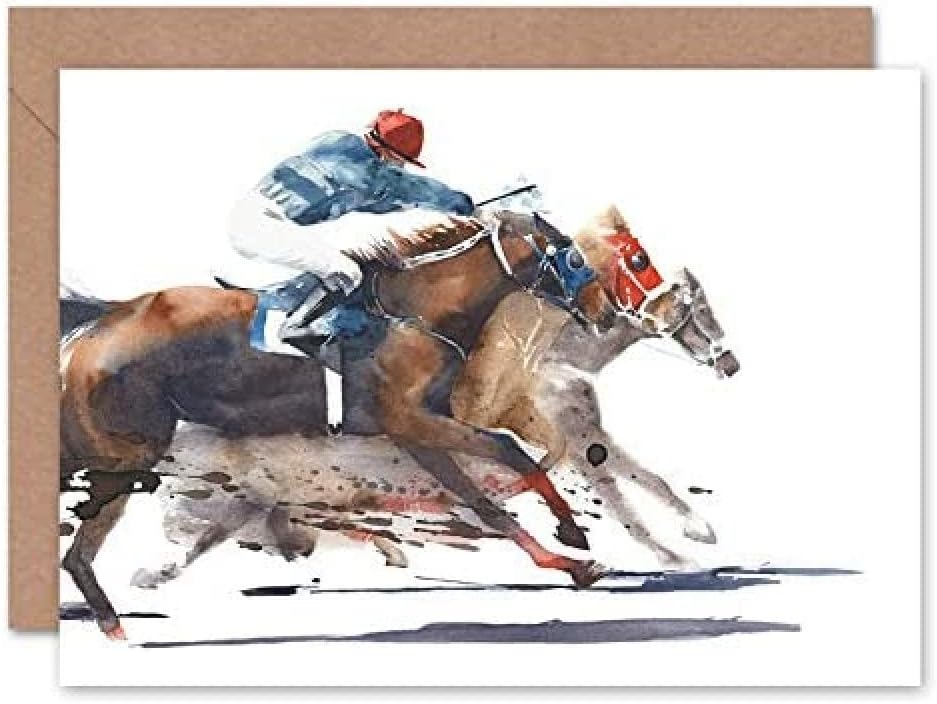 Wee Blue Coo Racing Horses With Jockey Greeting Card With Envelope Inside Premium Quality