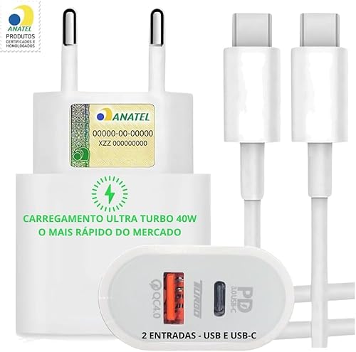 Kit Carregador Super Turbo 40W Porta Dupla (USB-A + USB-C) + Cabo USB Tipo-C, Compatível com Todos D